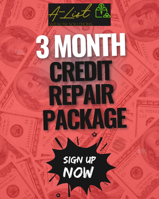Advertisement for a 3-month credit repair package with money-themed background and 'A-List Wealth Solutions' branding.